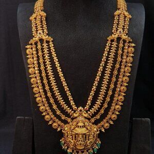 Gold Lakshmi Haram Necklace Set with Green Emerald Beads & Matching Earrings